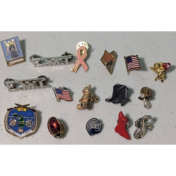 Jewelry - Lapel Pins Ladybug EMS Bear American Flag Angel Cupid Boots Lot of 16